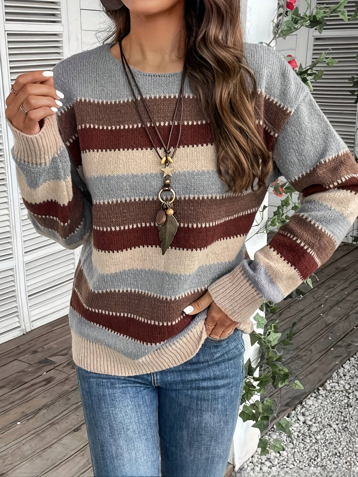 Striped Women's Pullover Sweater with Round Neck and Long Sleeves - 4 - Stylewhipped