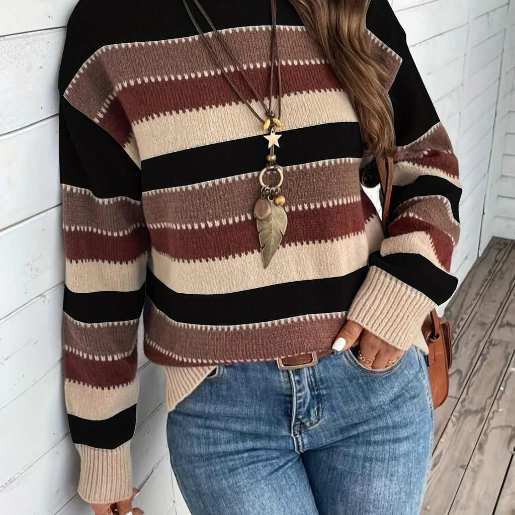 Striped Women's Pullover Sweater with Round Neck and Long Sleeves - 5 - Stylewhipped