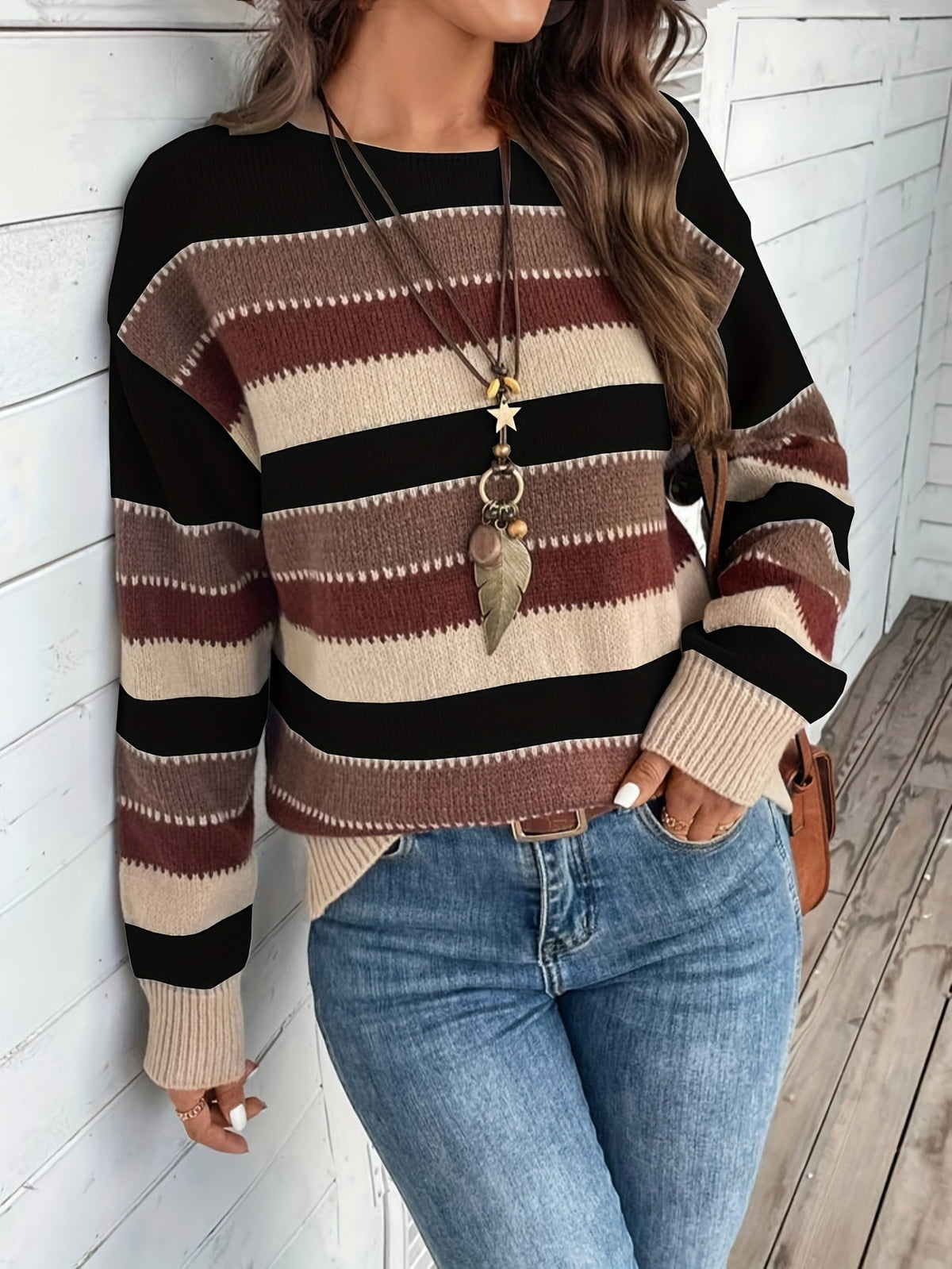 Striped Women's Pullover Sweater with Round Neck and Long Sleeves - 6 - Stylewhipped