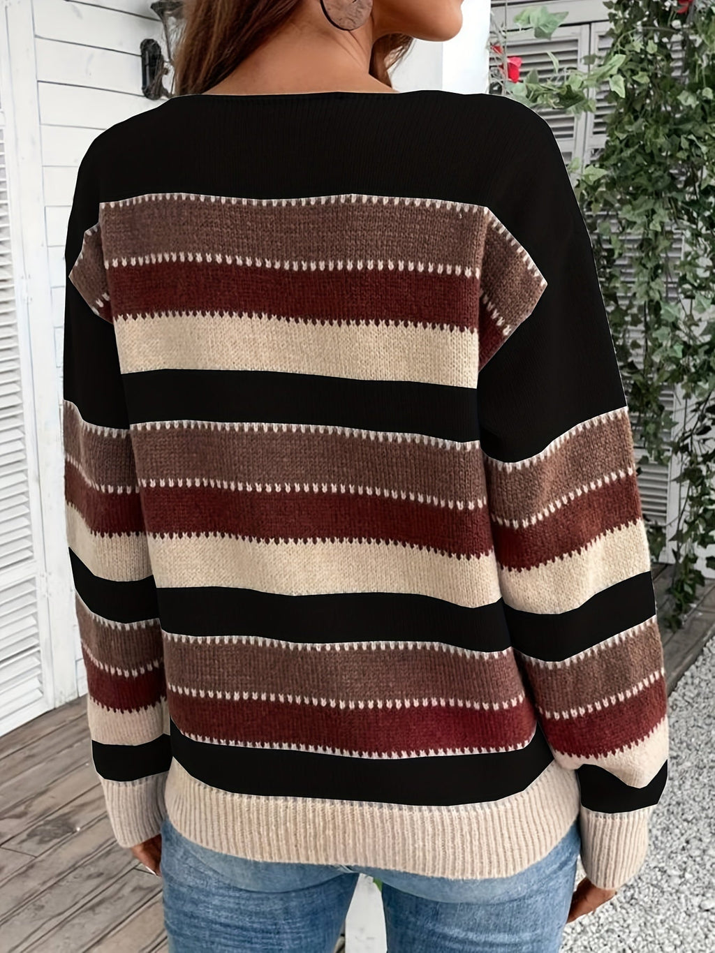 Striped Women's Pullover Sweater with Round Neck and Long Sleeves - 7 - Stylewhipped