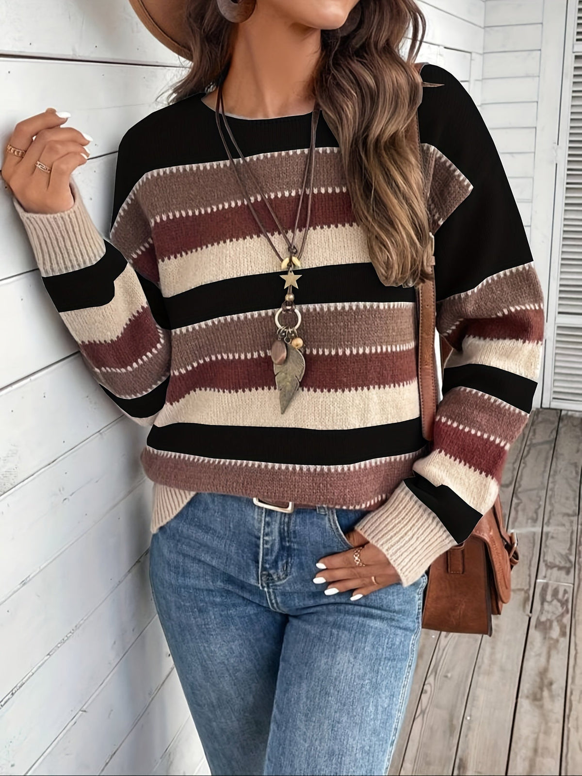 Striped Women's Pullover Sweater with Round Neck and Long Sleeves - 8 - Stylewhipped