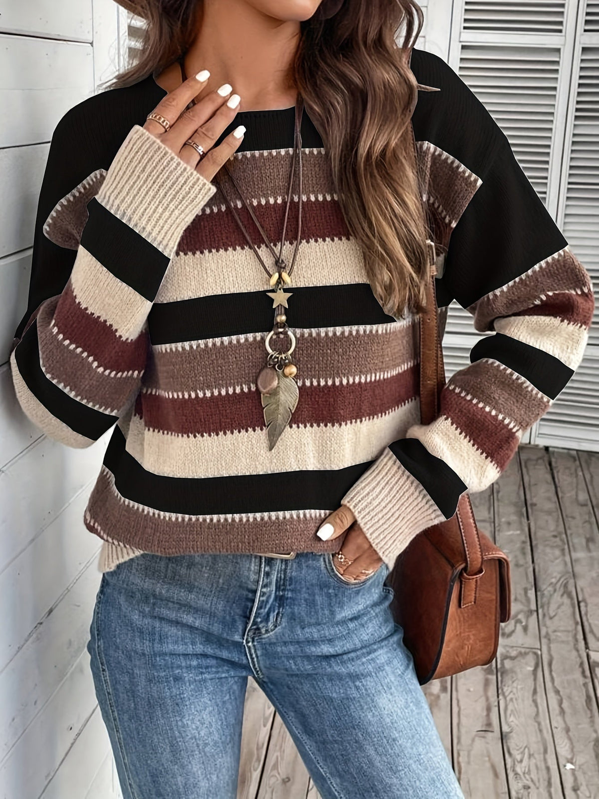 Striped Women's Pullover Sweater with Round Neck and Long Sleeves - 9 - Stylewhipped