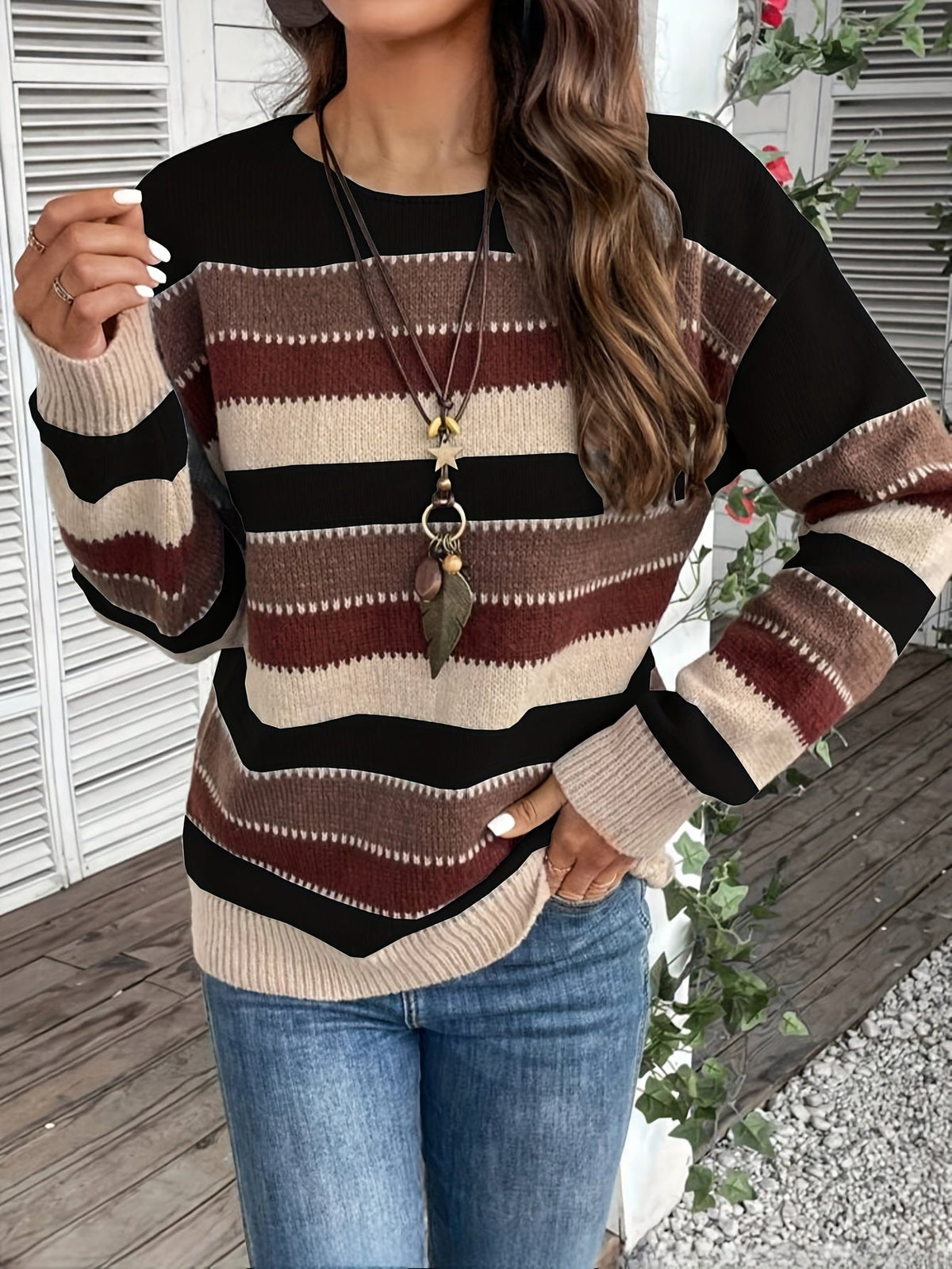 Striped Women's Pullover Sweater with Round Neck and Long Sleeves - 10 - Stylewhipped