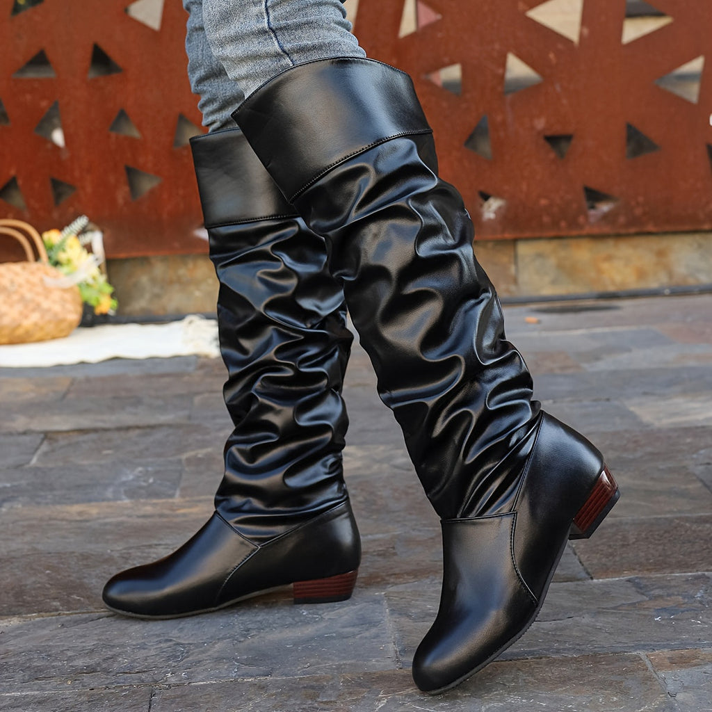 Knee-High Boots for Women with Slouchy Design and Block Heels - 2 - Stylewhipped