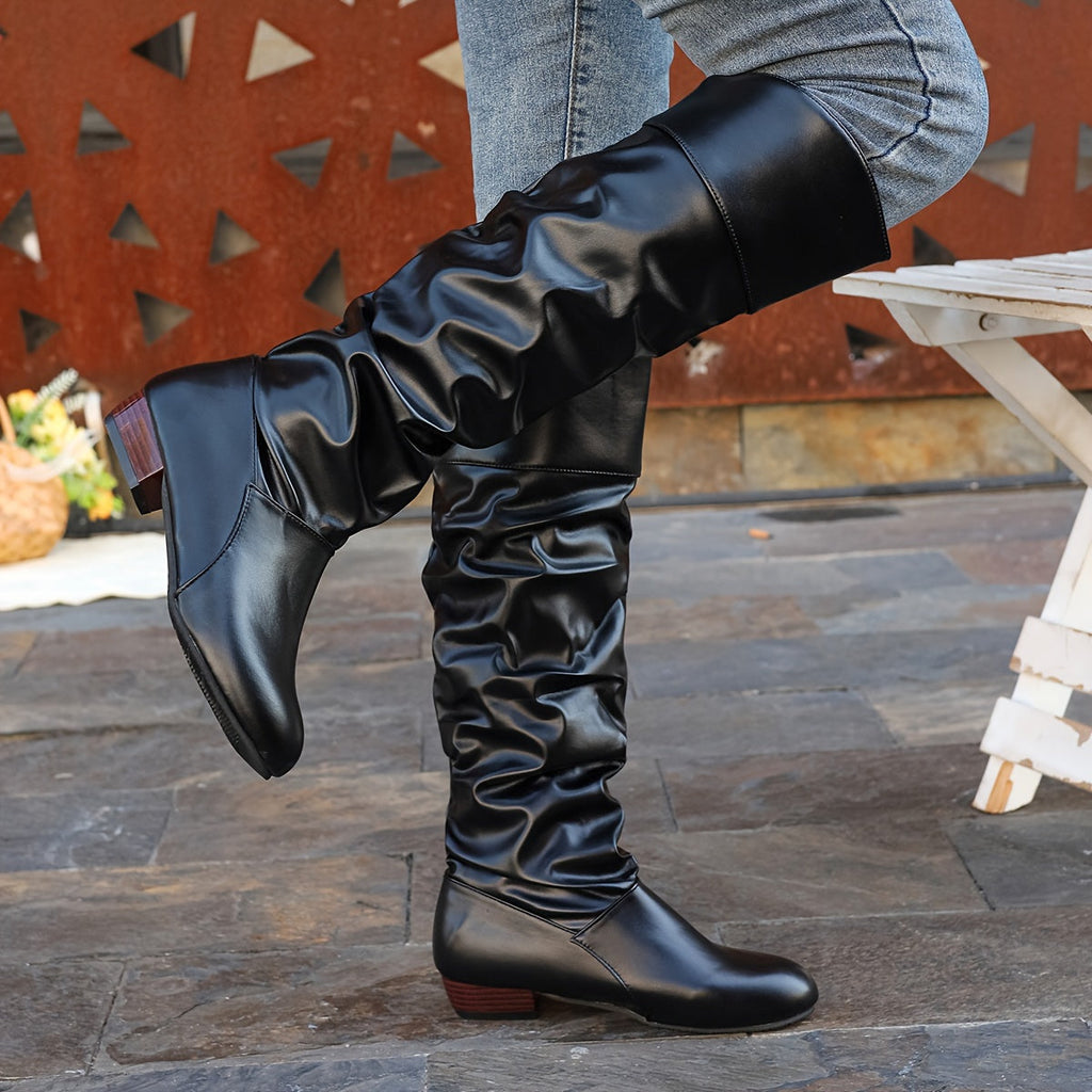 Knee-High Boots for Women with Slouchy Design and Block Heels - 8 - Stylewhipped