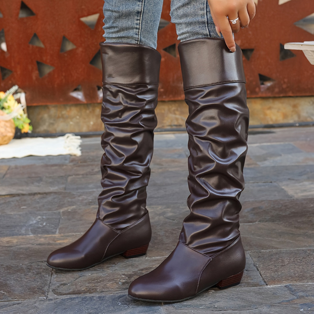 Knee-High Boots for Women with Slouchy Design and Block Heels - 9 - Stylewhipped