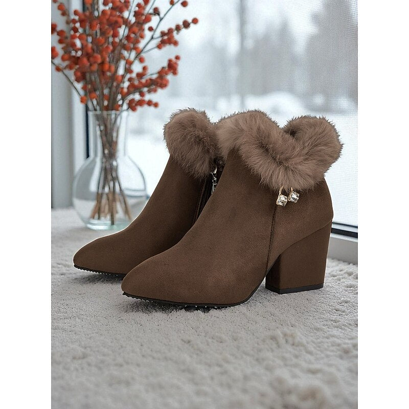 Block Heel Ankle Boots for Women with Faux Fur Trim - 1 - Stylewhipped