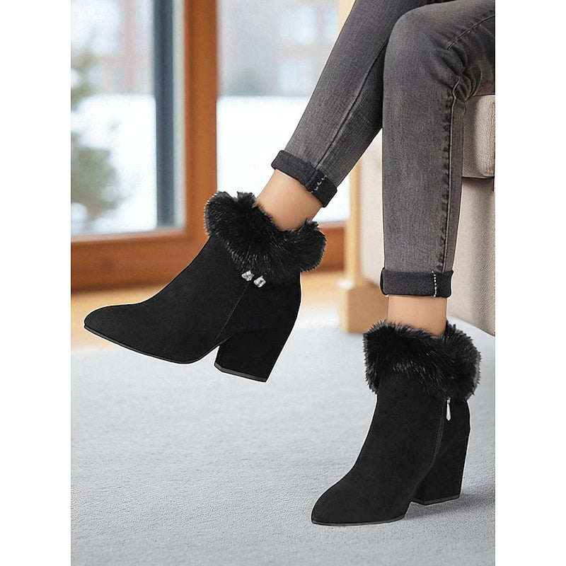 Block Heel Ankle Boots for Women with Faux Fur Trim - 2 - Stylewhipped