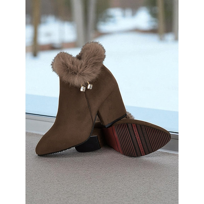 Block Heel Ankle Boots for Women with Faux Fur Trim - 3 - Stylewhipped