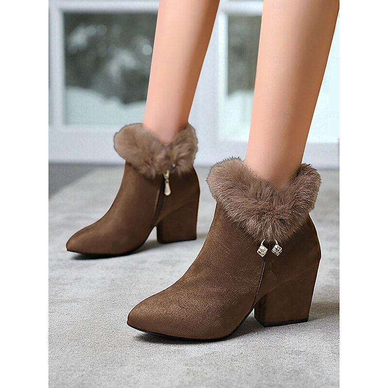 Block Heel Ankle Boots for Women with Faux Fur Trim - 4 - Stylewhipped