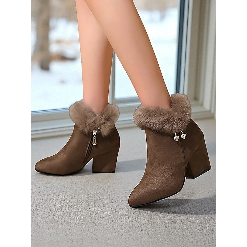 Block Heel Ankle Boots for Women with Faux Fur Trim - 5 - Stylewhipped