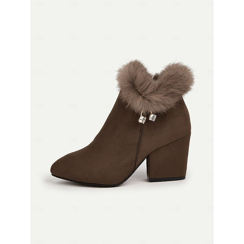 Block Heel Ankle Boots for Women with Faux Fur Trim - 8 - Stylewhipped
