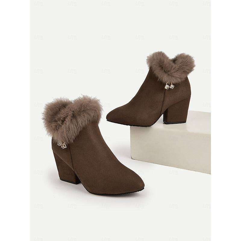 Block Heel Ankle Boots for Women with Faux Fur Trim - 9 - Stylewhipped