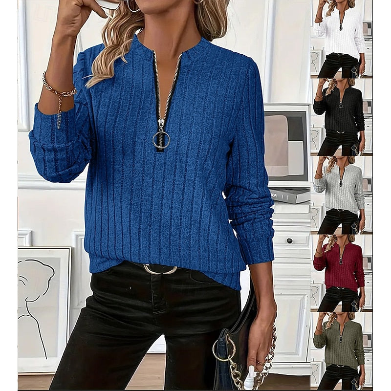 Pullover Women's Long Sleeve Zip Top with Ribbed Design - 1 - Stylewhipped