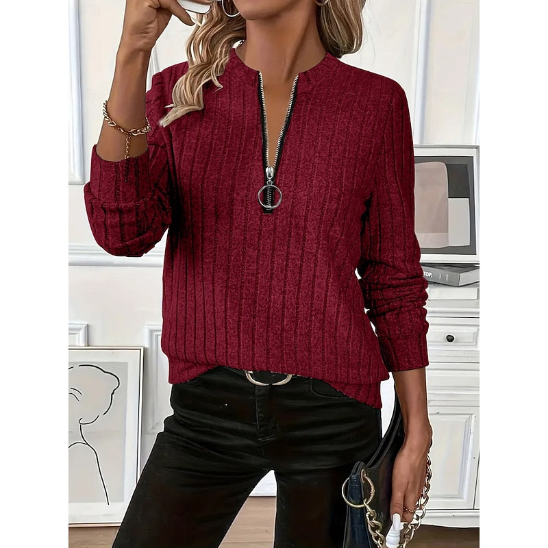 Pullover Women's Long Sleeve Zip Top with Ribbed Design - 3 - Stylewhipped
