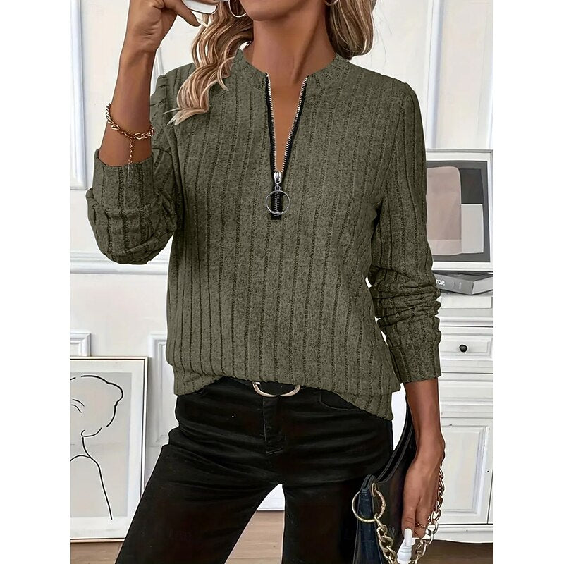 Pullover Women's Long Sleeve Zip Top with Ribbed Design - 4 - Stylewhipped