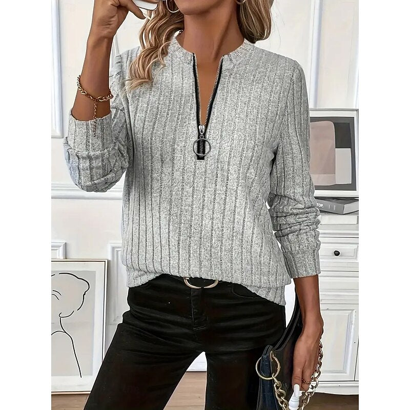 Pullover Women's Long Sleeve Zip Top with Ribbed Design - 5 - Stylewhipped