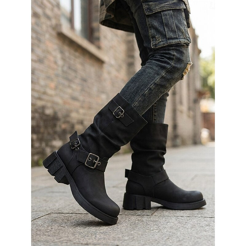 Women's Biker Boots with Chunky Heel and Buckle Detail - 1 - Stylewhipped