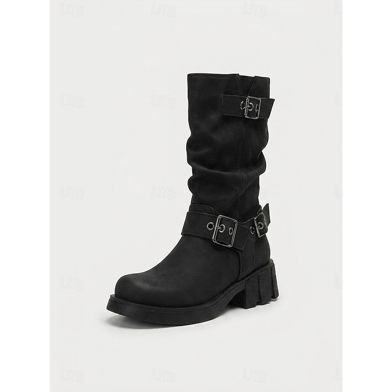 Women's Biker Boots with Chunky Heel and Buckle Detail - 2 - Stylewhipped