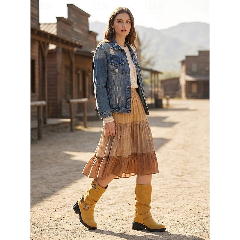 Women's Biker Boots with Chunky Heel and Buckle Detail - 3 - Stylewhipped