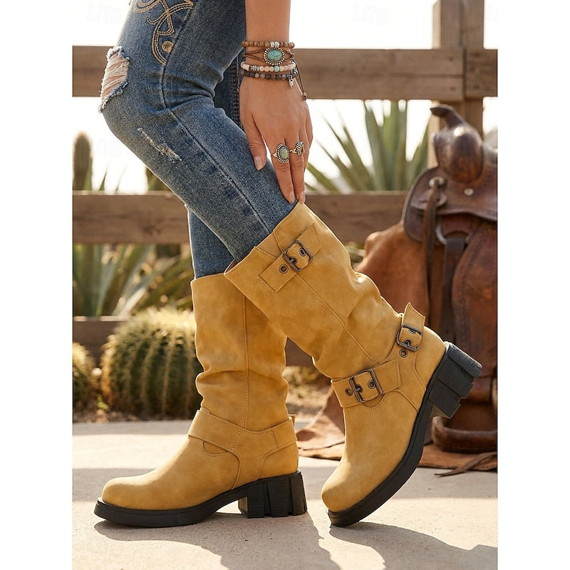 Women's Biker Boots with Chunky Heel and Buckle Detail - 4 - Stylewhipped