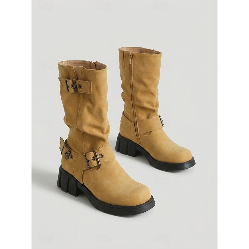 Women's Biker Boots with Chunky Heel and Buckle Detail - 5 - Stylewhipped