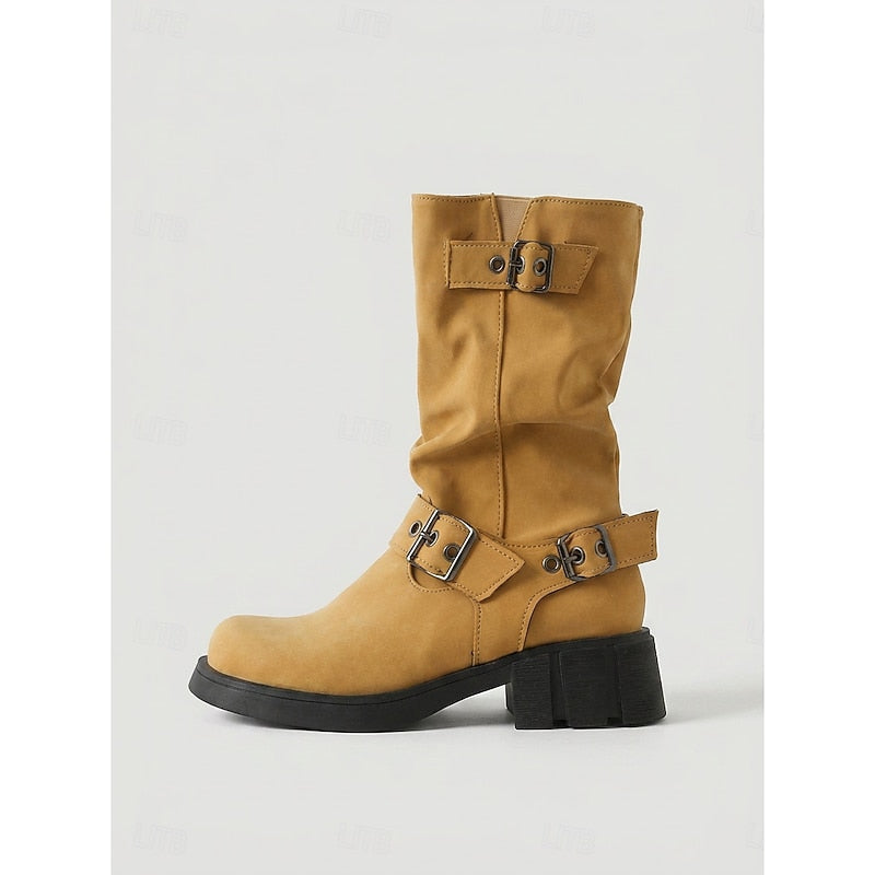 Women's Biker Boots with Chunky Heel and Buckle Detail - 6 - Stylewhipped