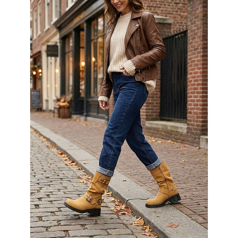 Women's Biker Boots with Chunky Heel and Buckle Detail - 7 - Stylewhipped