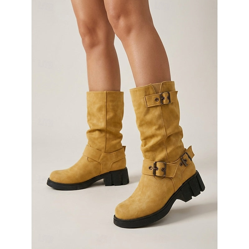 Women's Biker Boots with Chunky Heel and Buckle Detail - 8 - Stylewhipped