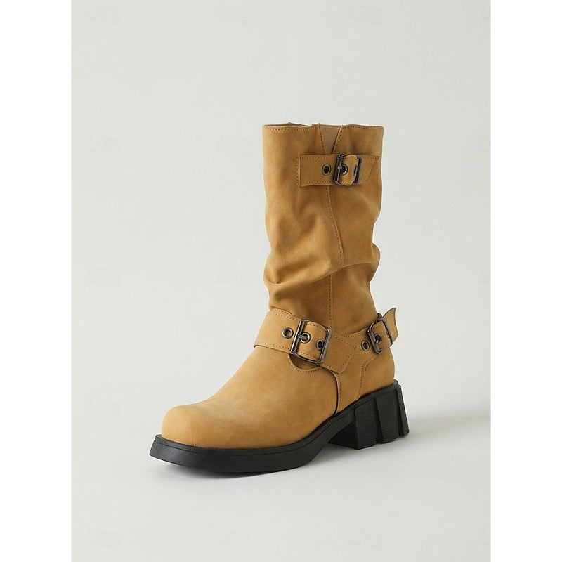 Women's Biker Boots with Chunky Heel and Buckle Detail - 9 - Stylewhipped