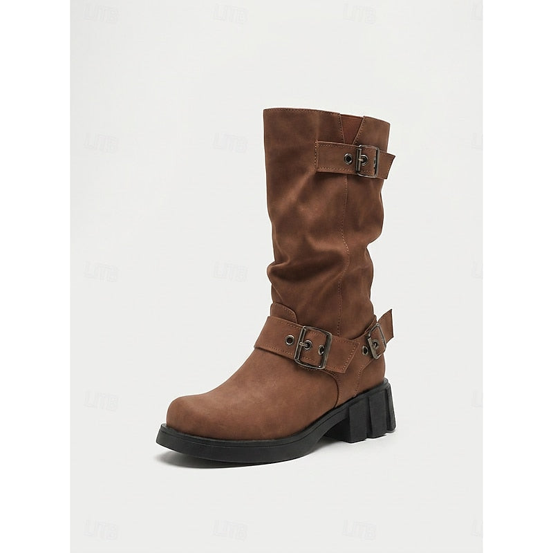 Women's Biker Boots with Chunky Heel and Buckle Detail - 10 - Stylewhipped