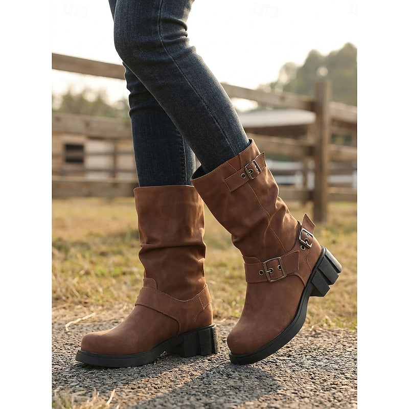 Women's Biker Boots with Chunky Heel and Buckle Detail - 11 - Stylewhipped