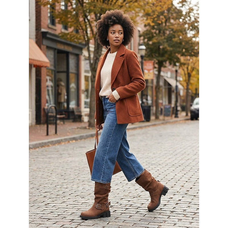 Women's Biker Boots with Chunky Heel and Buckle Detail - 12 - Stylewhipped