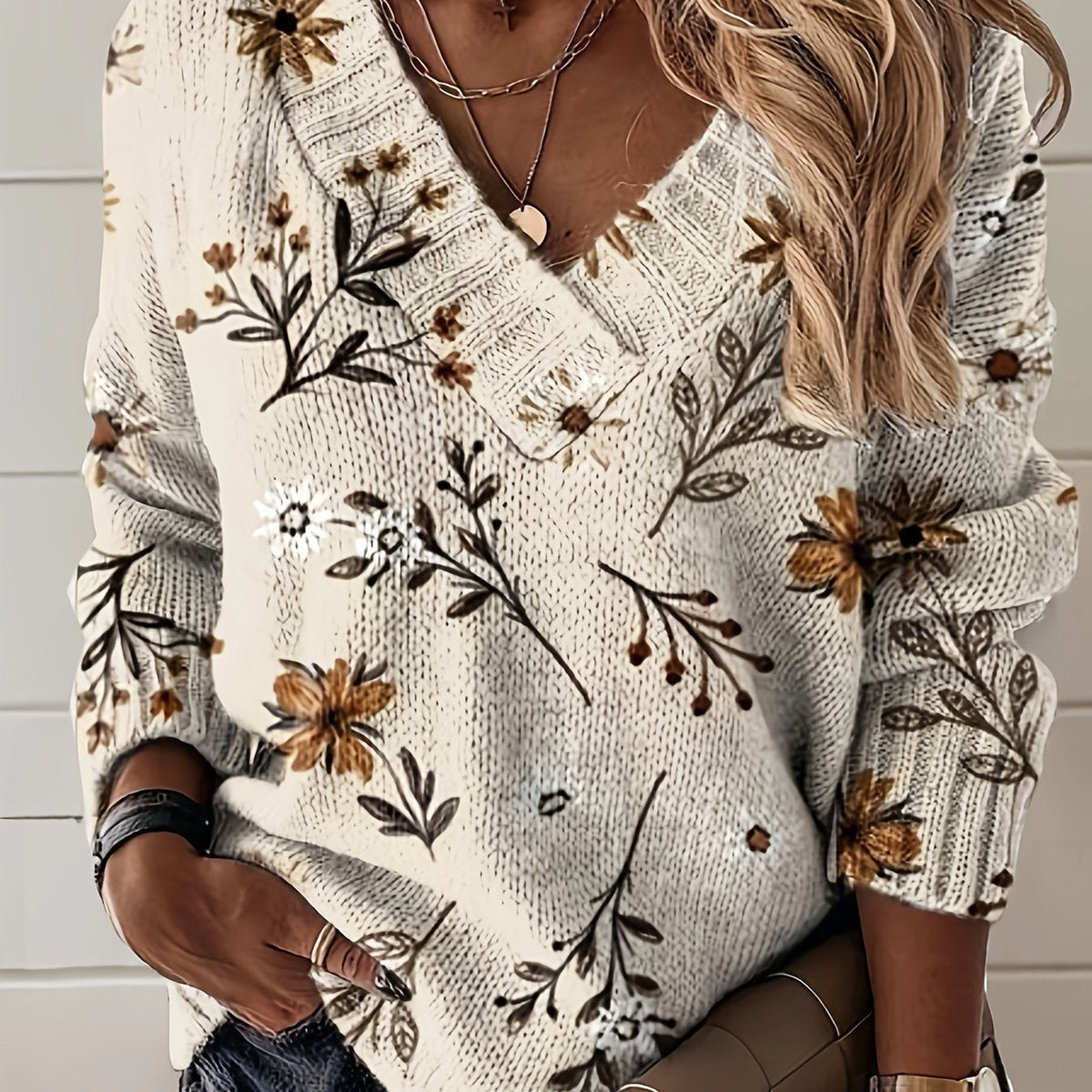 Floral Print Women's V-Neck Pullover with Relaxed Fit - 1 - Stylewhipped