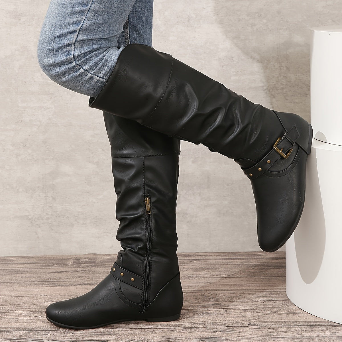 Women's Knee-High Slouch Boots with Buckle Detail - 5 - Stylewhipped