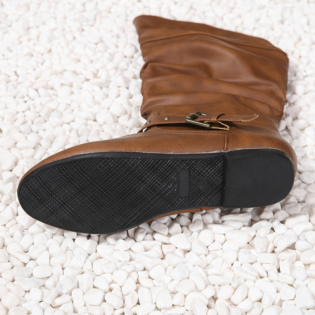 Women's Knee-High Slouch Boots with Buckle Detail - 6 - Stylewhipped