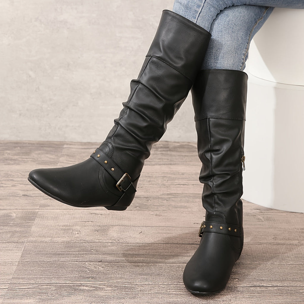Women's Knee-High Slouch Boots with Buckle Detail - 8 - Stylewhipped