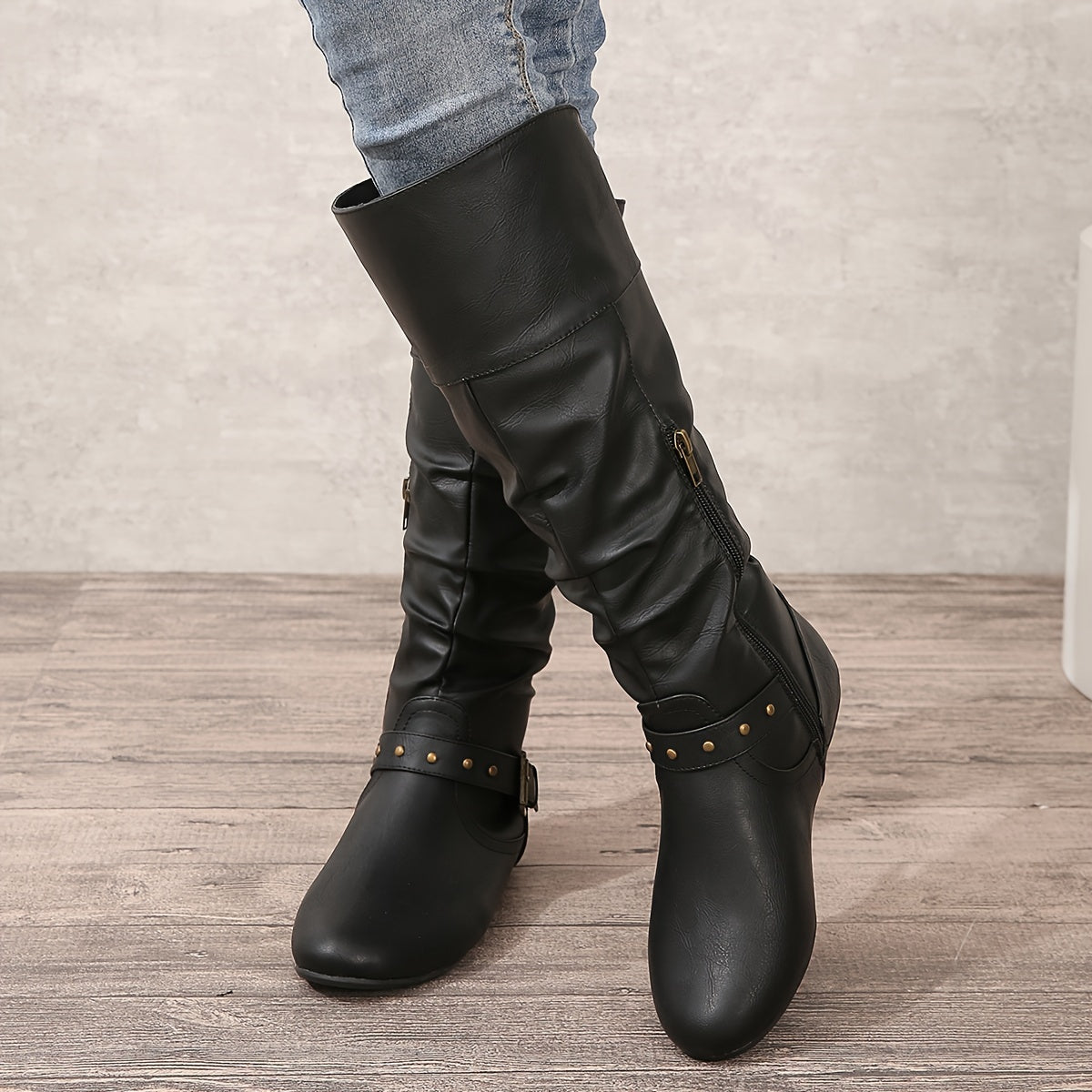 Women's Knee-High Slouch Boots with Buckle Detail - 9 - Stylewhipped