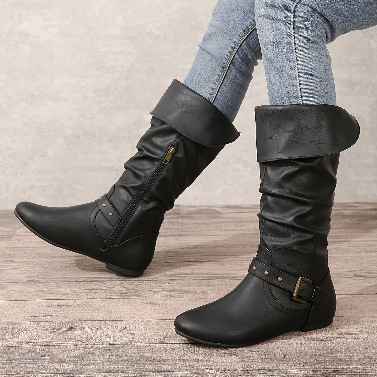 Women's Knee-High Slouch Boots with Buckle Detail - 12 - Stylewhipped