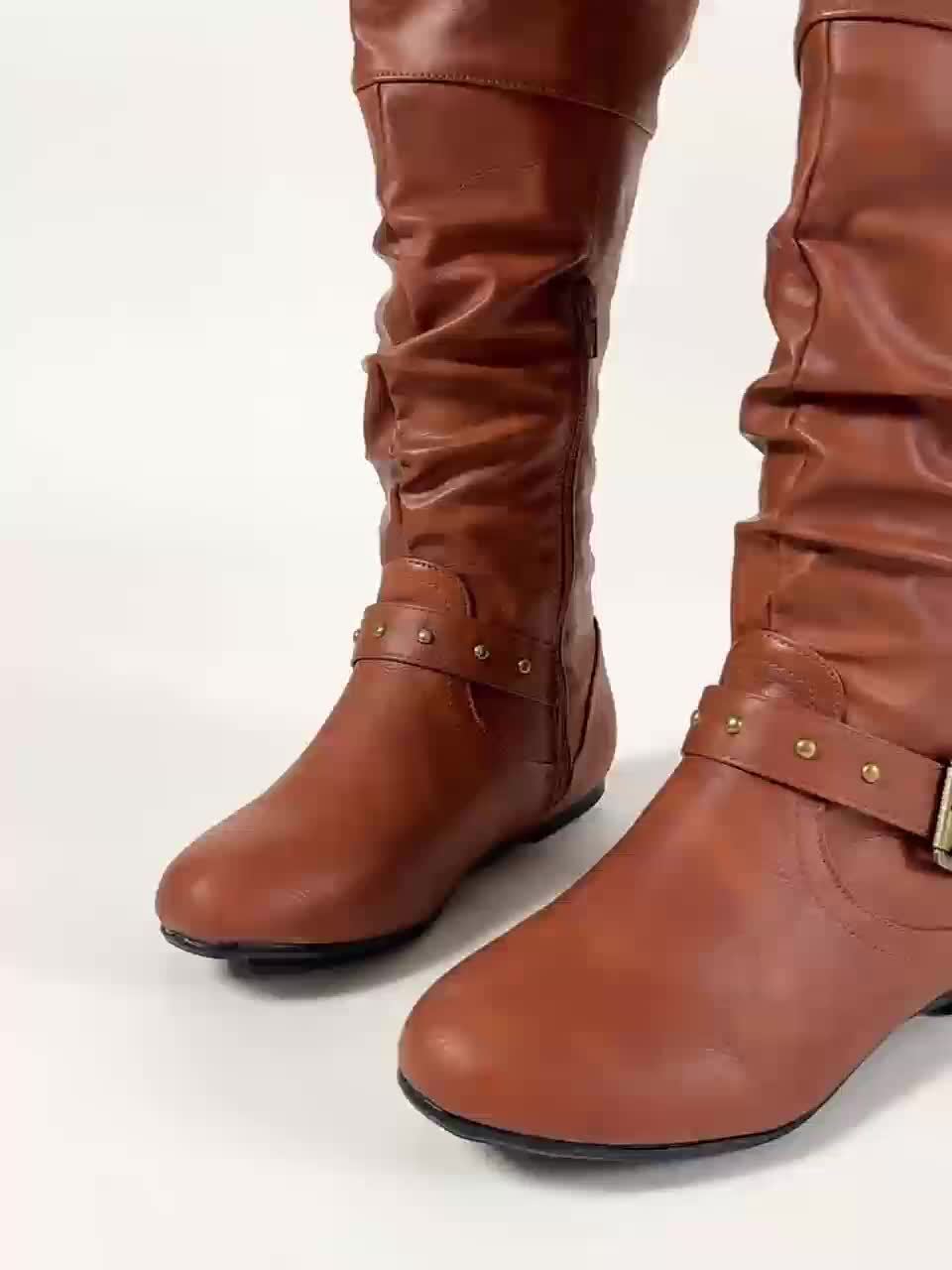 Women's Knee-High Slouch Boots with Buckle Detail - 13 - Stylewhipped
