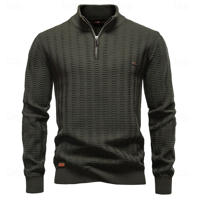 Men's Pullover with Stand-Up Collar and Zip in Olive Green - 1 - Stylewhipped