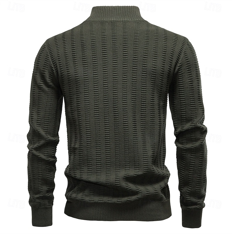 Men's Pullover with Stand-Up Collar and Zip in Olive Green - 2 - Stylewhipped