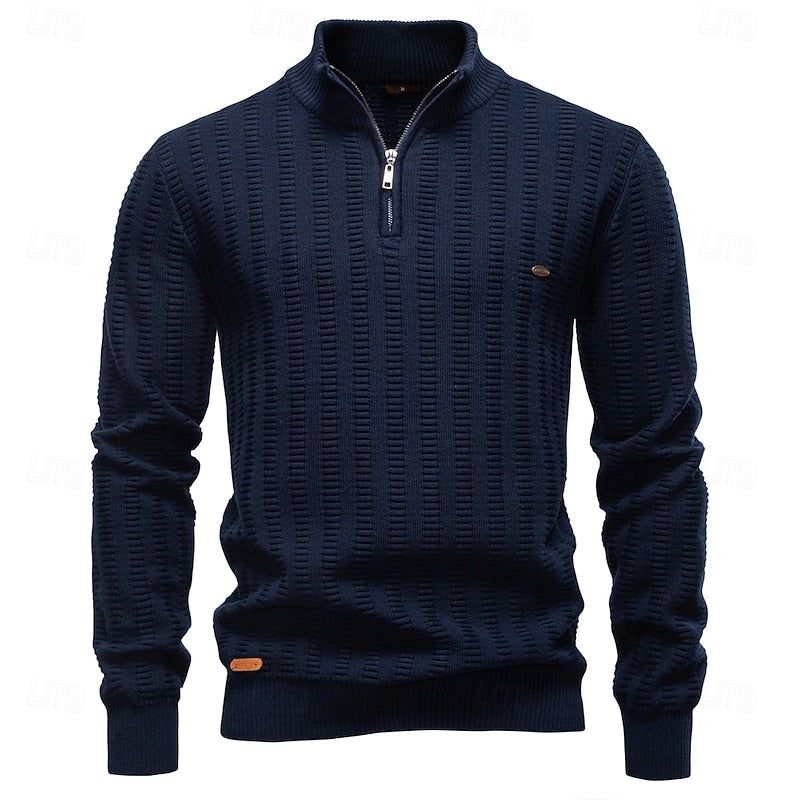 Men's Pullover with Stand-Up Collar and Zip in Olive Green - 10 - Stylewhipped