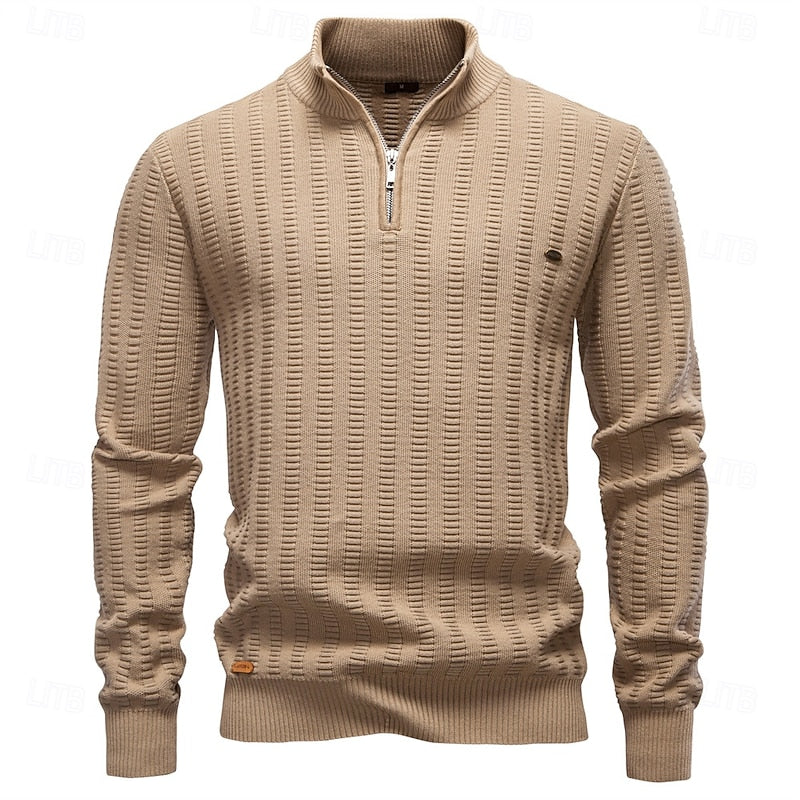 Men's Pullover with Stand-Up Collar and Zip in Olive Green - 15 - Stylewhipped