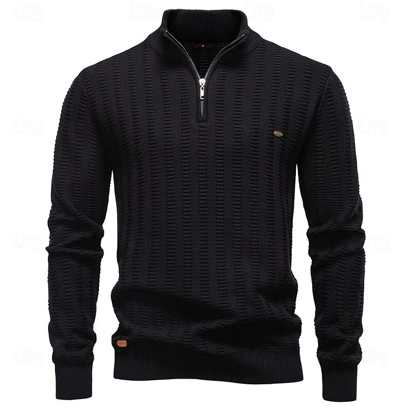 Men's Pullover with Stand-Up Collar and Zip in Olive Green - 16 - Stylewhipped