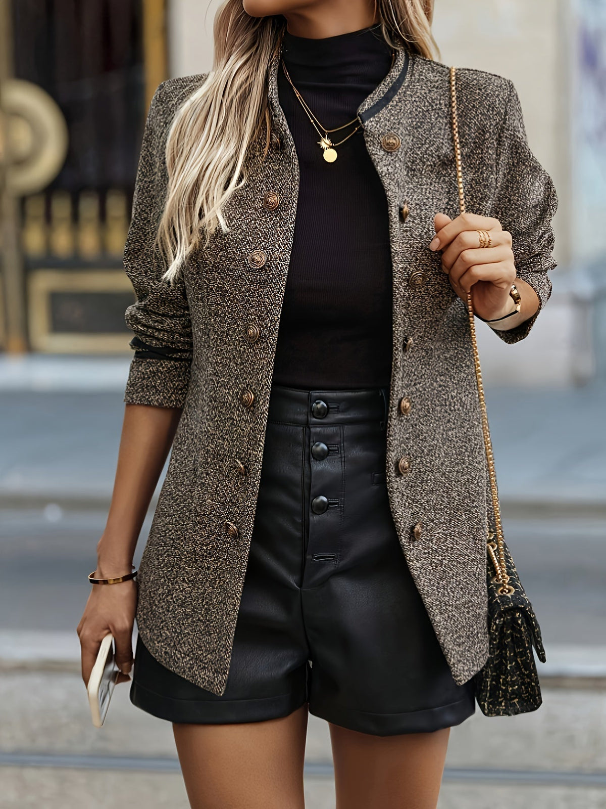 Tailored Women's Blazer with Button Closure and Stand-Up Collar - 3 - Stylewhipped
