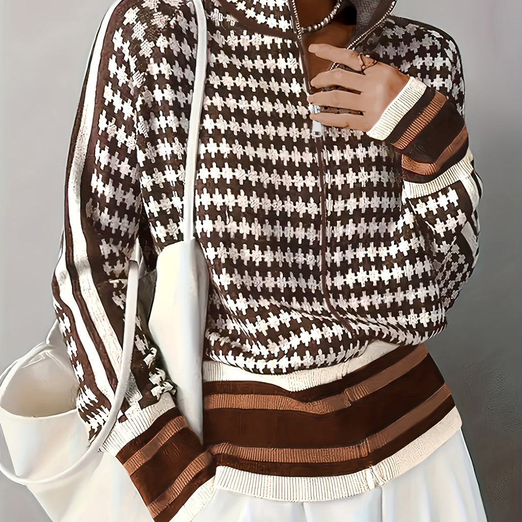Women's Pullover with Stand Collar in Houndstooth Design - 1 - Stylewhipped