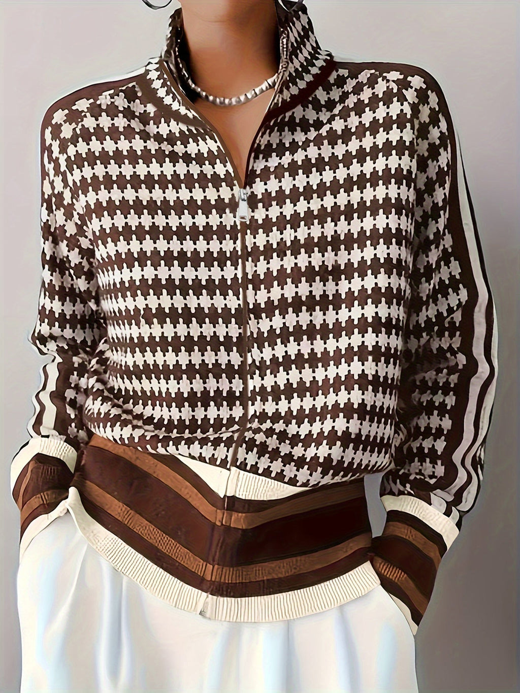 Women's Pullover with Stand Collar in Houndstooth Design - 3 - Stylewhipped