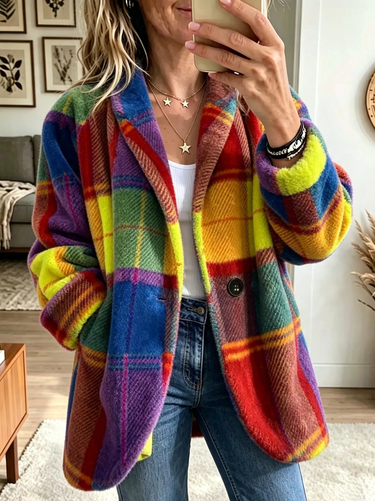 Checkered Women's Jacket with Relaxed Fit and Colourful Design - 2 - Stylewhipped