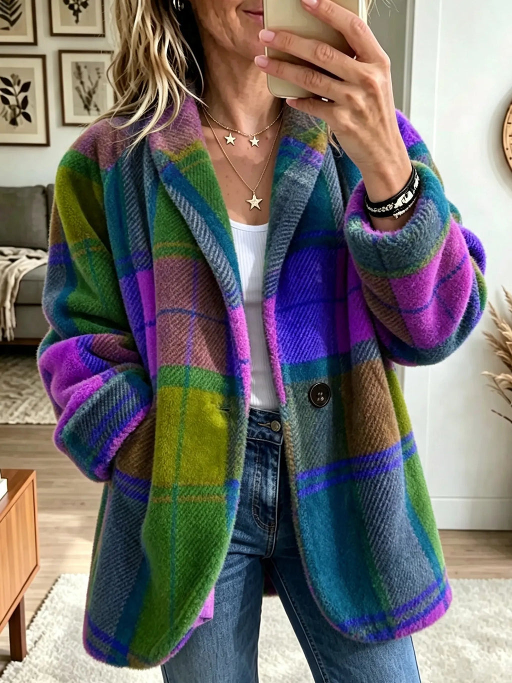 Checkered Women's Jacket with Relaxed Fit and Colourful Design - 3 - Stylewhipped